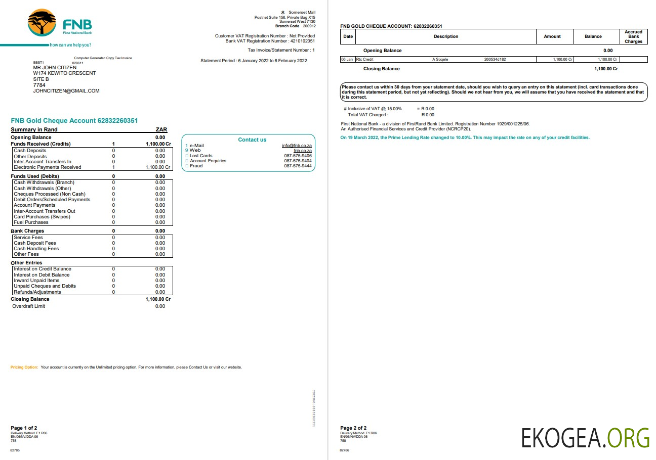 Relevé bancaire FNB Afrique du Sud 2 pages